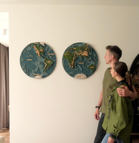 THE WORLD IN HEMISPHERES 3D WOOD MAP - ZeWood