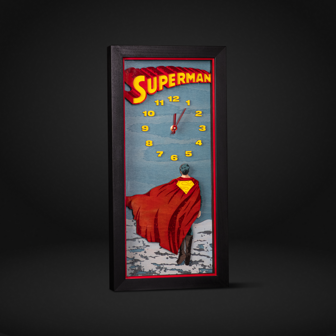 Handcrafted Superman clock, ideal for DC comic lovers and collectors.
