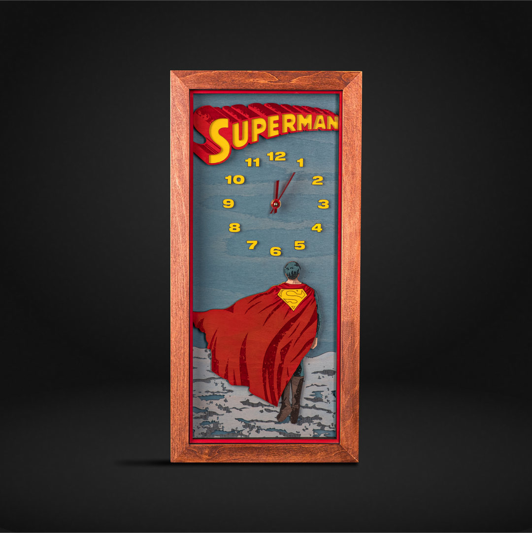 Superman 3D clock with silent mechanism and eco-friendly materials.
