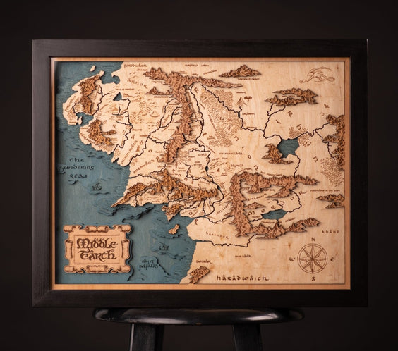 MIDDLE - EARTH™ 3D WOOD MAP WITH LIGHTING - A Legendary Wood Anniversary Gift - ZeWood