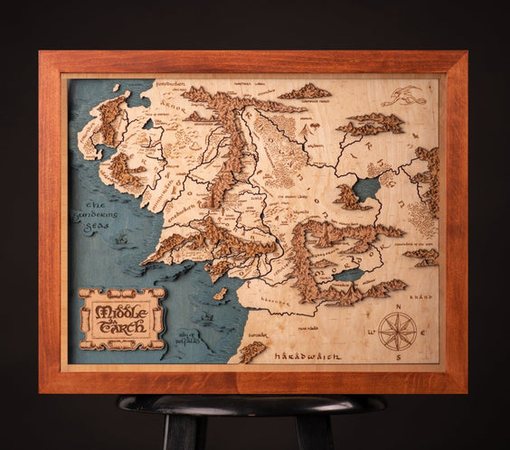 MIDDLE - EARTH™ 3D WOOD MAP WITH LIGHTING - A Legendary Wood Anniversary Gift - ZeWood