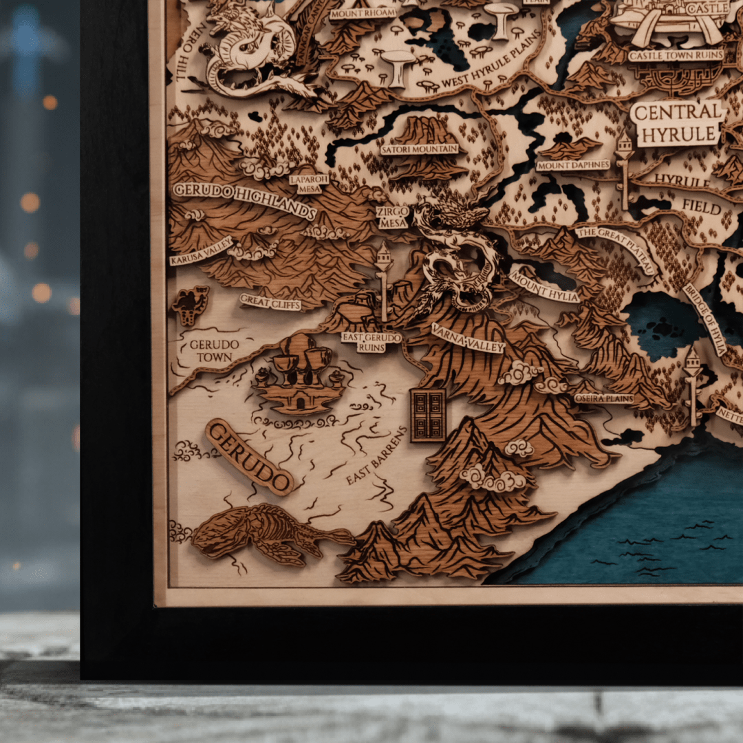 THE LANDS OF HYRULE FRAMED 3D WOOD MAP - ZeWood