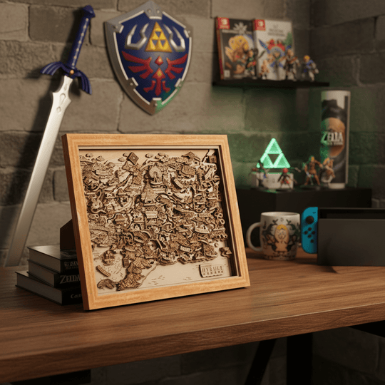 THE LANDS OF HYRULE FRAMED 3D WOOD MAP - ZeWood