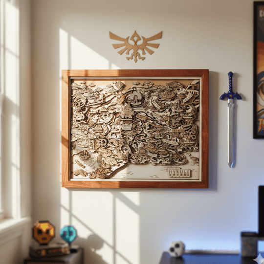 THE LANDS OF HYRULE FRAMED 3D WOOD MAP - ZeWood