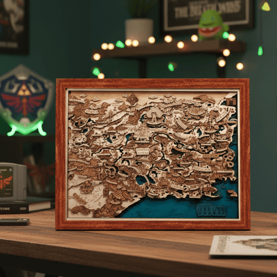 THE LANDS OF HYRULE FRAMED 3D WOOD MAP - ZeWood