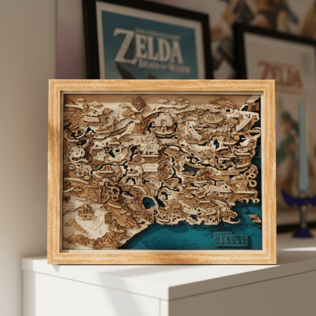 THE LANDS OF HYRULE FRAMED 3D WOOD MAP - ZeWood