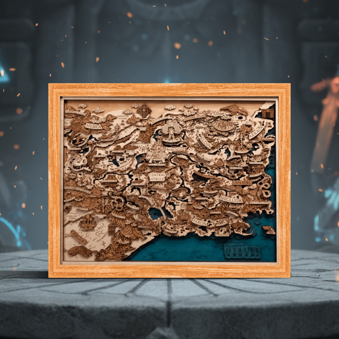 THE LANDS OF HYRULE FRAMED 3D WOOD MAP - ZeWood