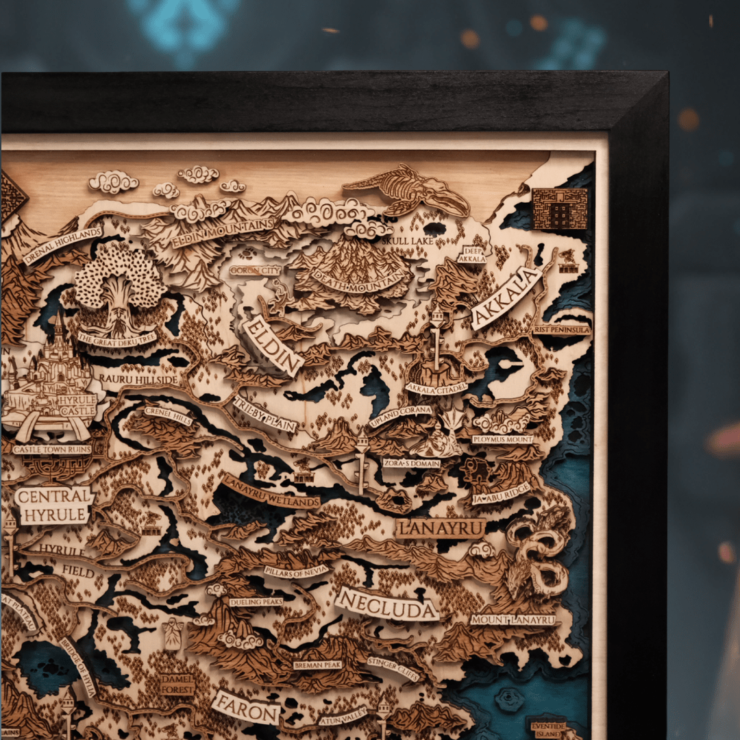 THE LANDS OF HYRULE FRAMED 3D WOOD MAP - ZeWood