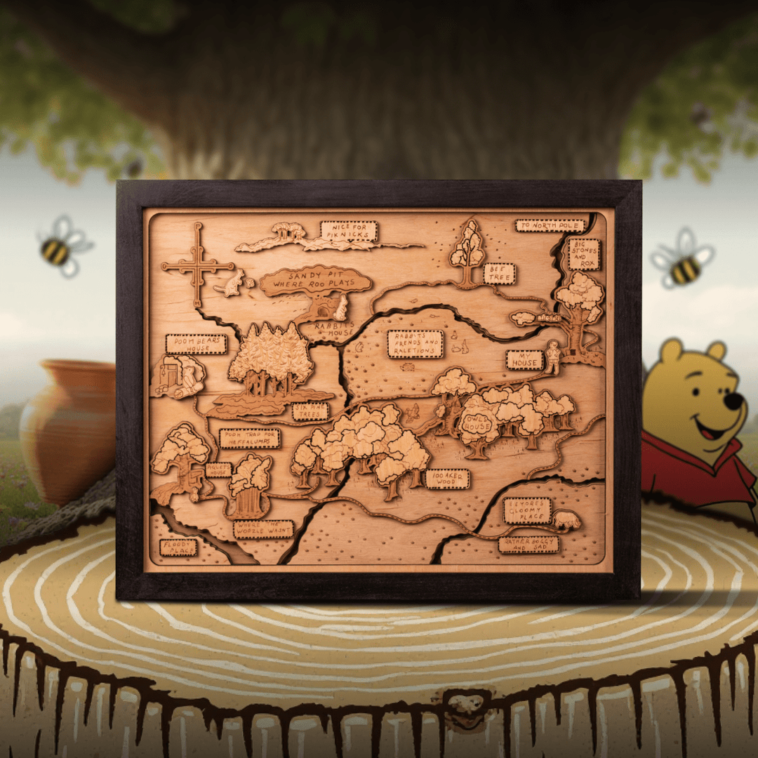 Layered 3D wooden Pooh map for nursery decoration