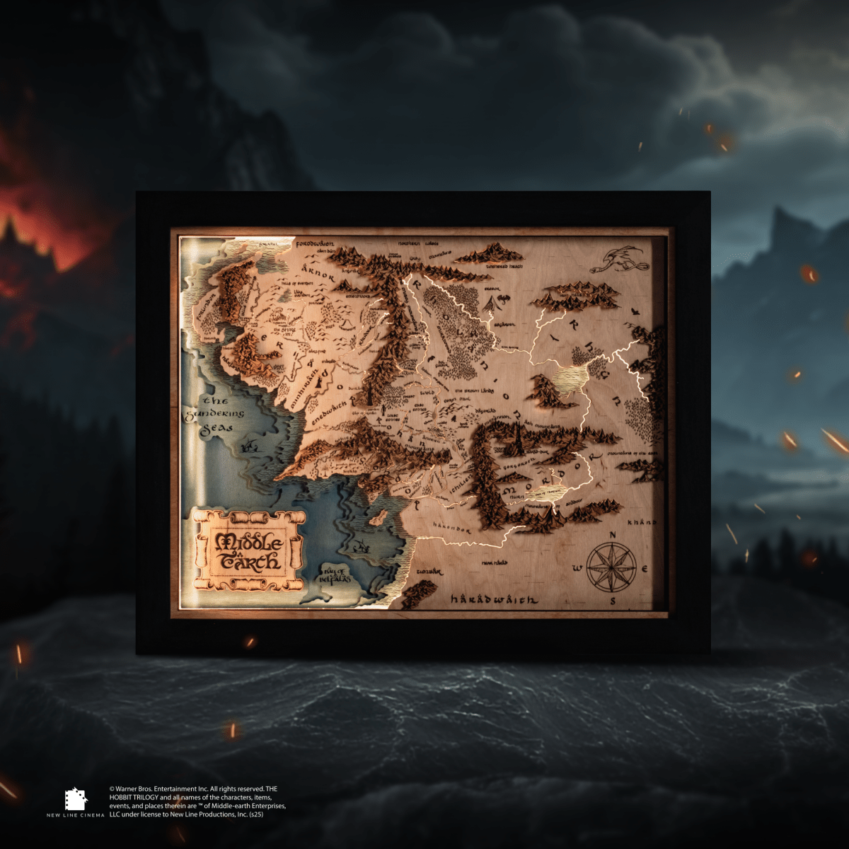 MIDDLE - EARTH™ 3D WOOD MAP WITH LIGHTING - A Legendary Wood Anniversary Gift - ZeWood