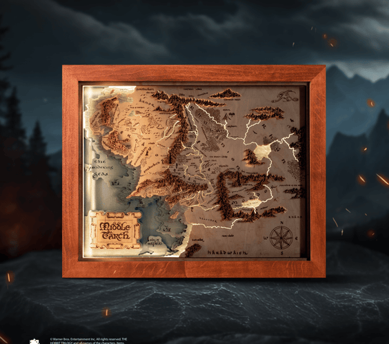 MIDDLE - EARTH™ 3D WOOD MAP WITH LIGHTING - A Legendary Wood Anniversary Gift - ZeWood