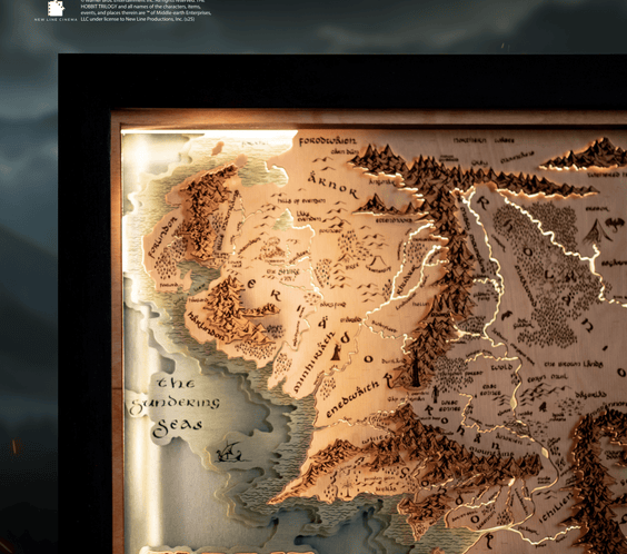 MIDDLE - EARTH™ 3D WOOD MAP WITH LIGHTING - A Legendary Wood Anniversary Gift - ZeWood