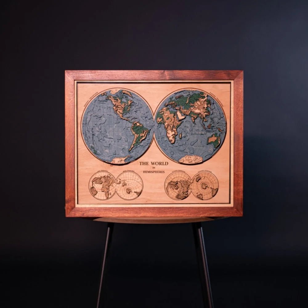 THE WORLD IN HEMISPHERES 3D WOOD MAP - ZeWood