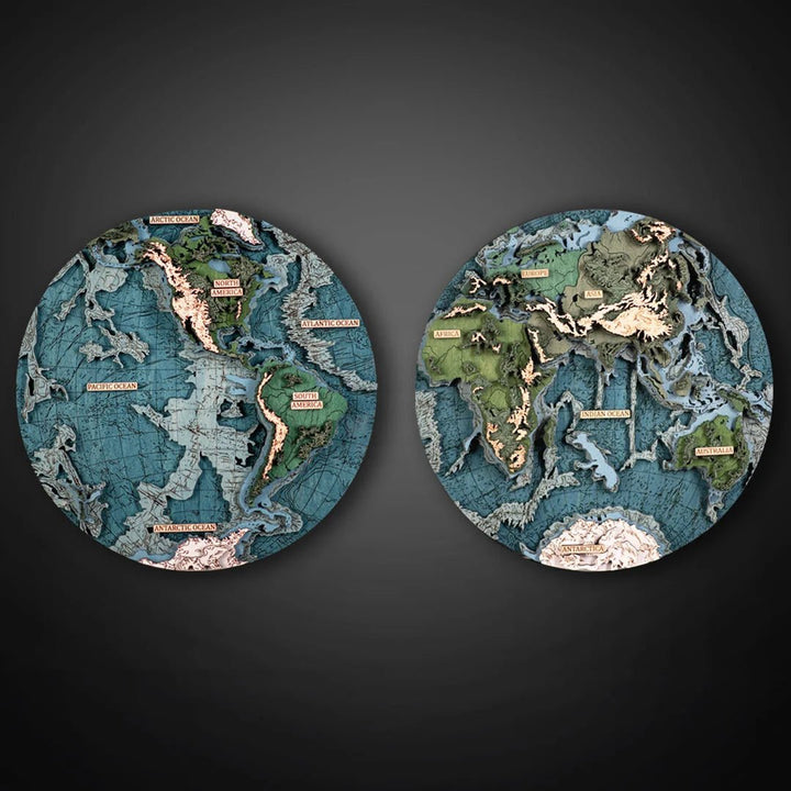 WORLD IN HEMISPHERES 3D MAP - A Timeless Wood Anniversary Gift