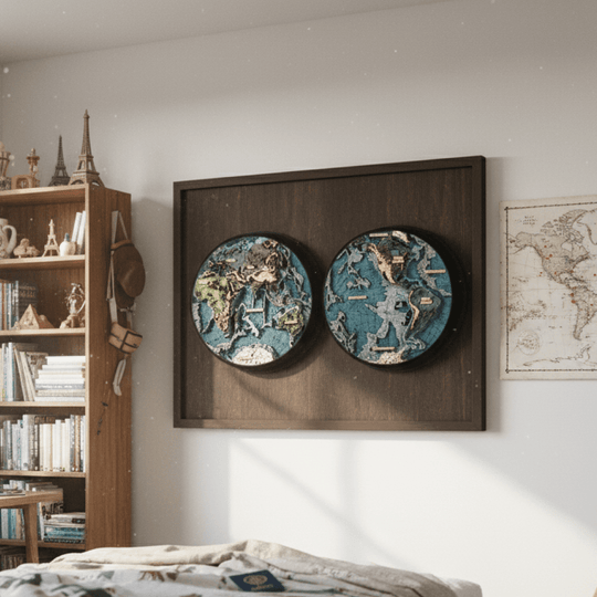 THE WORLD IN HEMISPHERES 3D WOOD MAP - ZeWood