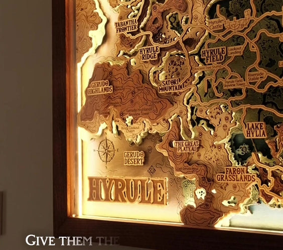 Hyrule 3D wood map with lighting, handcrafted in wood