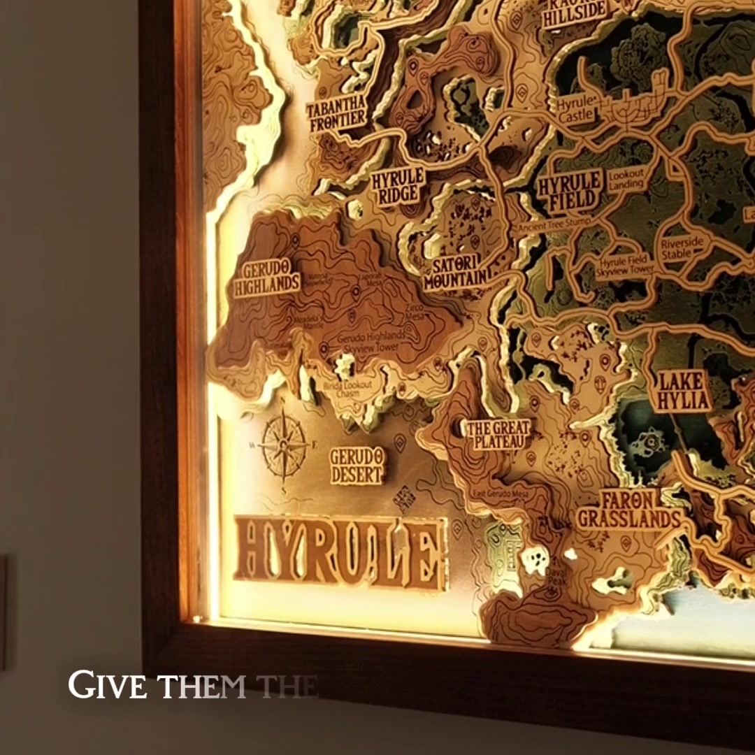 Hyrule 3D wood map with lighting, handcrafted in wood