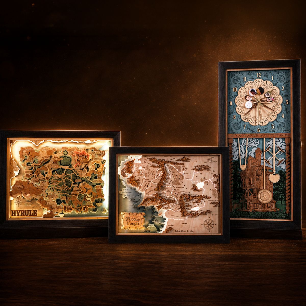 ZeWood gift set: Hyrule map, Middle-earth map and Weasley family clock